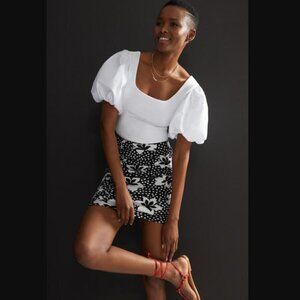 Anthropologie Porridge Black & White Polka Dot Floral Ruched Knit Mini Skirt XL